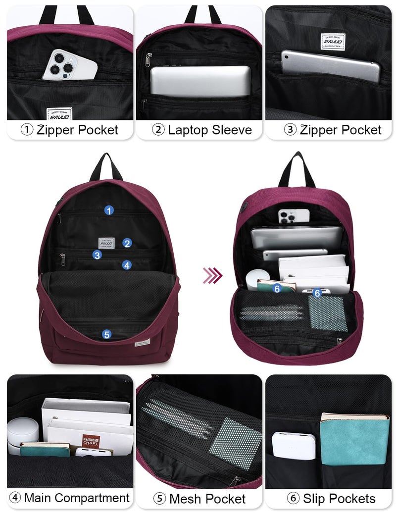 RAVUO Casual Backpack for Women, Water Resistant Classic Basic 15.6 inch Laptop Backpack Rucksack Travel Daypack Bookbag Burgundy - Image 5